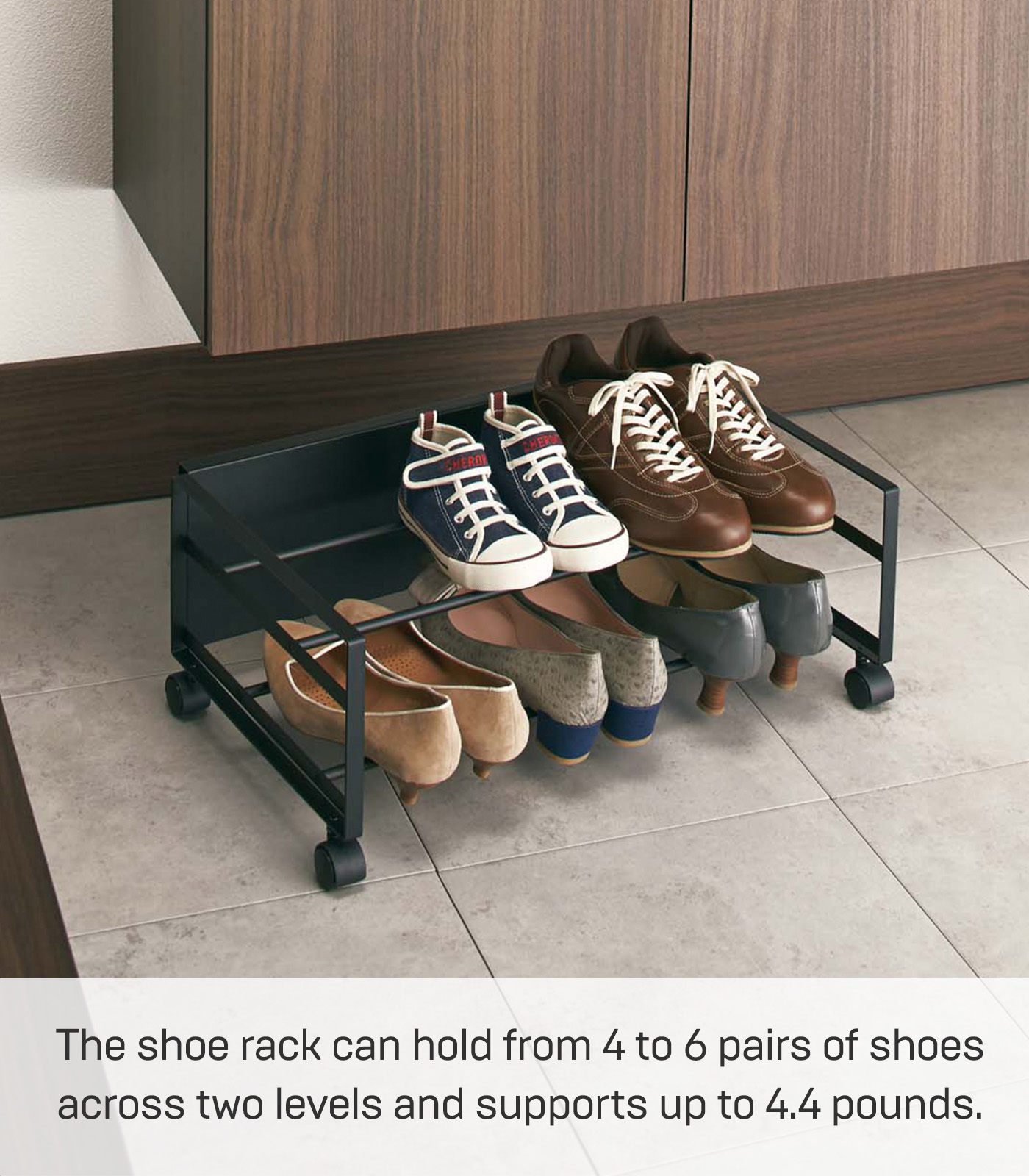 Yamazaki Home Rolling Shoe Rack, Black, Steel,  Holds 4 shoes, 6 heels, Supports 4.4 pounds, Wheels, Minimal Assembly - image 2 of 5