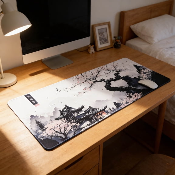 InkâWash Landscape Gaming Mouse Pad Nonâ MicroâWeave Desk Mat Large Extended WaterâResistant Stitched Edge Keyboard Mouse Mat For Office Gaming Work