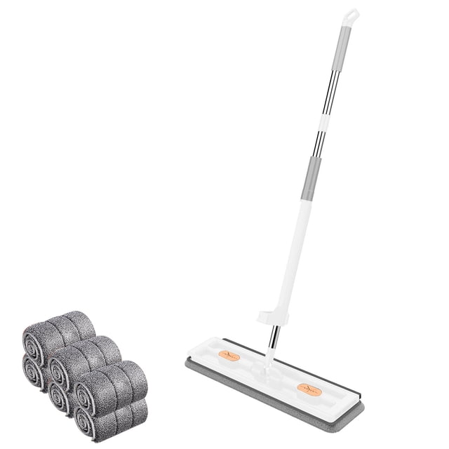 RXIRUCGD Système de Nettoyage de Plancher avec Vadrouille en Microfibre, Vadrouille Plate avec Manche en Acier Inoxydable, 6 Tampons de Vadrouille Réutilisables et Lavables, Vadrouille Humide et Anti-Poussière pour le Nettoyage du Bois Franc, du Stratifié et des Carreaux
