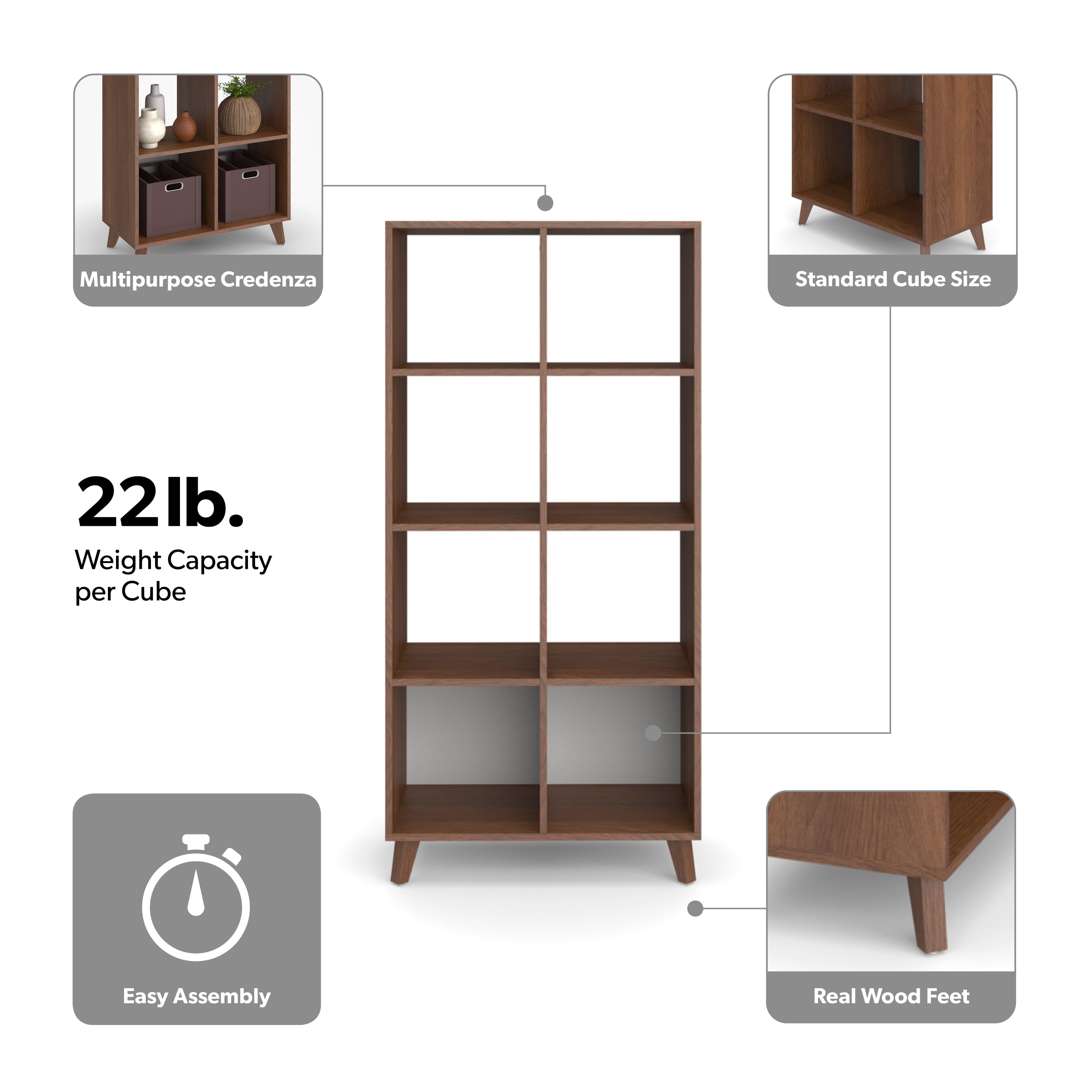 HON Basyx Commercial-Grade 66" High Modern Cube Bookcase, Real Wood Feet, Light Walnut (BSXCUBETLWLW)