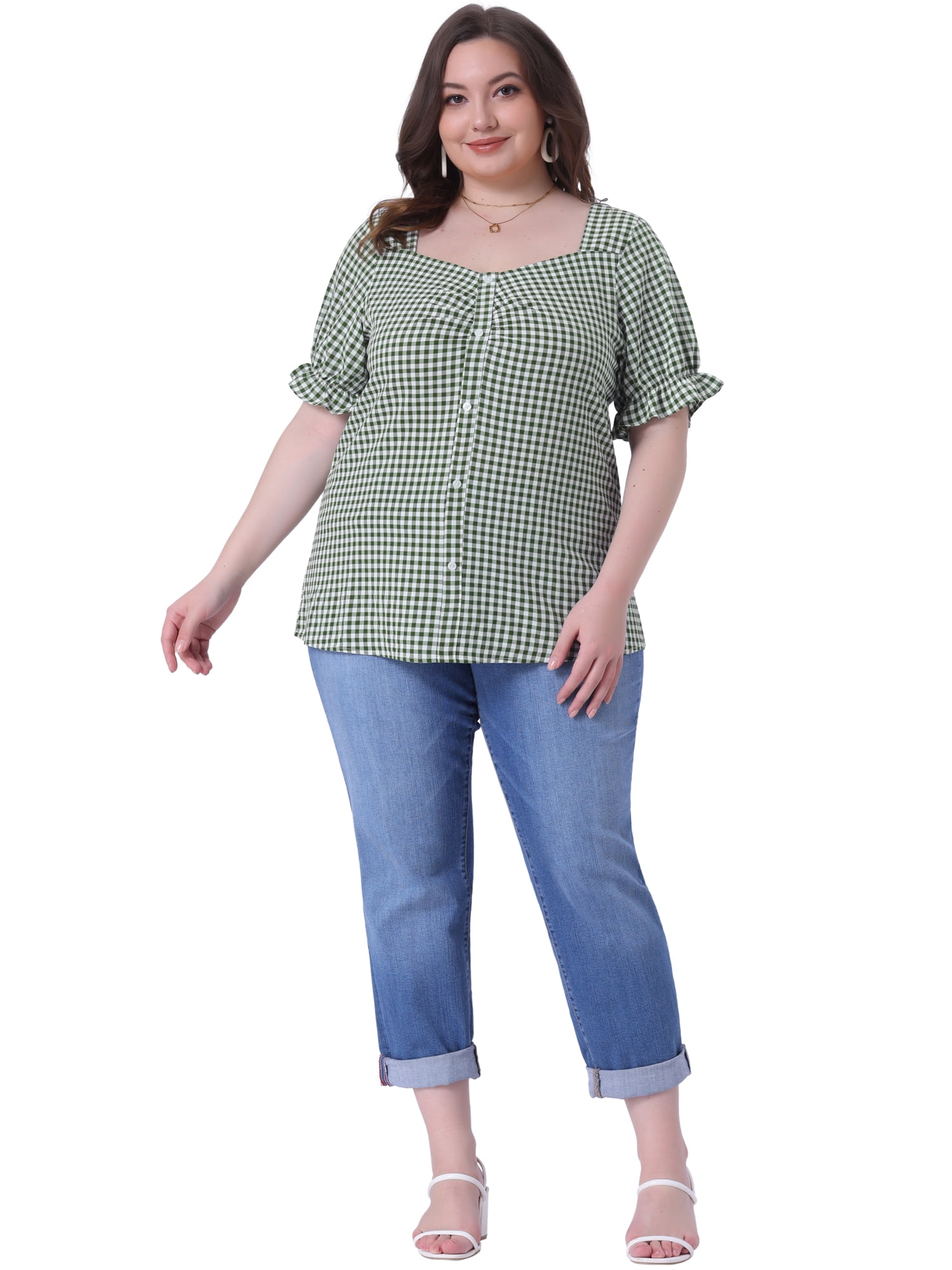 DARING DIVA Women's Plus Size Sweetheart V Neck Puff Short Sleeve Blouse 4X Dark Green