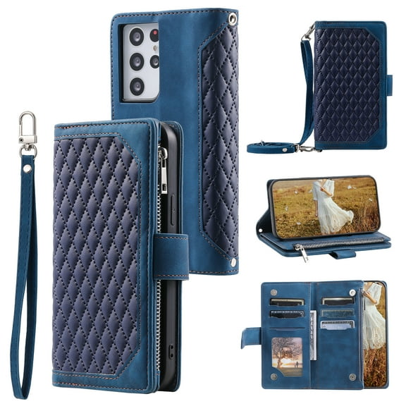 Feishell Crossbody Wallet Phone Case for Samsung Galaxy S21 Ultra,Luxury PU Leather Magnetic Buckle Zipper Pocket Card Slots Flip Stand Protective Cover with Hand Strap & Shoulder Strap,Blue