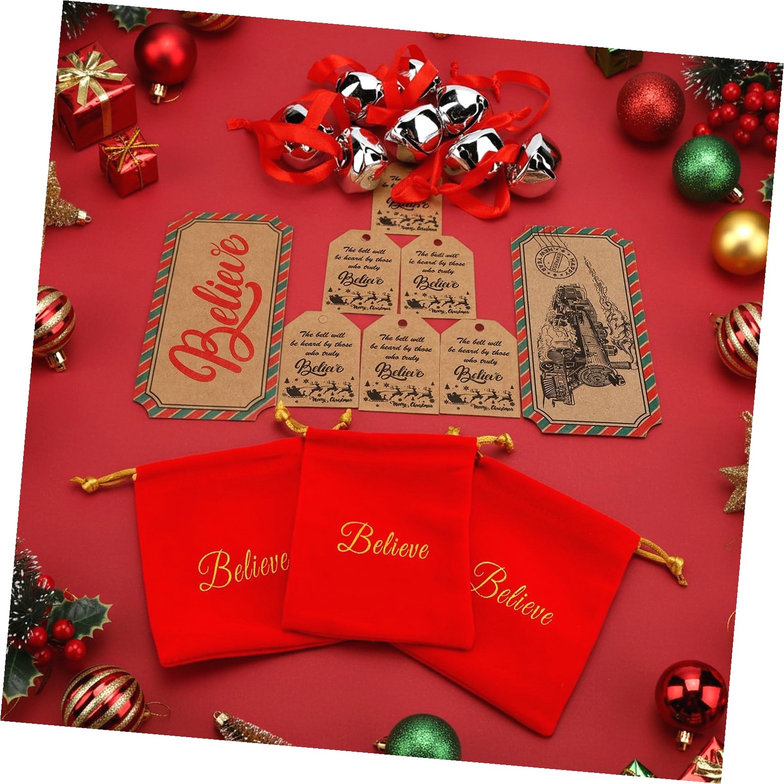 Fuliko 50 Sets Christmas Believe with Tags Red Velvet Bag, Christmas Jingle Tree Decoration for Xmas Tree Decorations Party