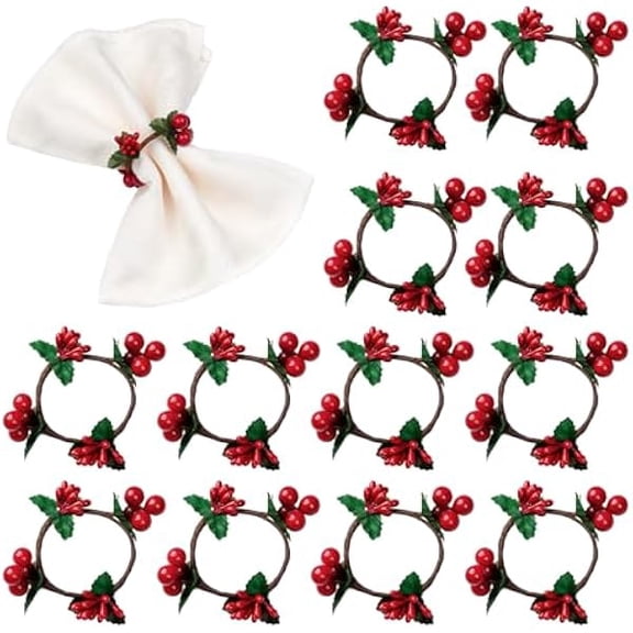 Fu997 Napkin Rings Set of 12, Christmas Napkin Ring Serviette Holders Handmade Red Berry Table Decorations for Wedding Christmas Thanksgiving New Year Valentine's Banquet Birthday Party