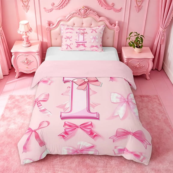 Manfei Dreamy Ribbon Bowknot Twin Bedding For Girl,Pink 3D Letter I Initial Lettering Duvet Cover Set,Pink Reversible,2-Piece(No Comforter)