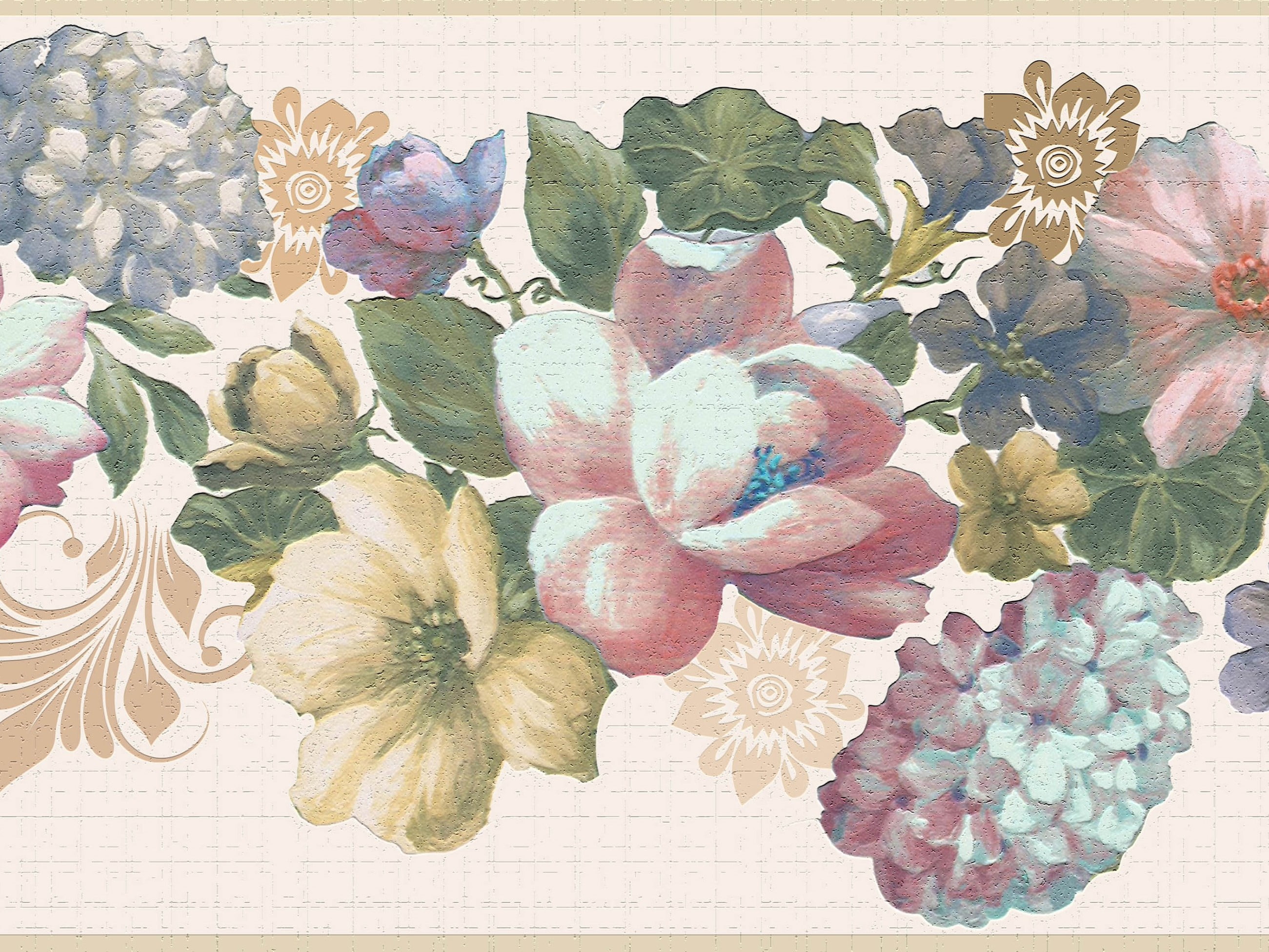 Dundee Deco's Peel and Stick Wallpaper Border - Floral Green Yellow Purple Flowers on Vines Wall Border Retro Design, 15 ft x 7 in, Self Adhesive