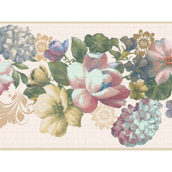 Dundee Deco's Peel and Stick Wallpaper Border - Floral Green Yellow Purple Flowers on Vines Wall Border Retro Design, 15 ft x 7 in, Self Adhesive