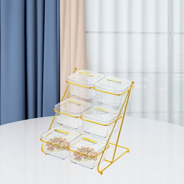 Cayas de 3 niveles para tazones Decoración del recipiente de platos de exhibición de alimentos, plato con tapa y rejilla de metal para fiesta de transparente