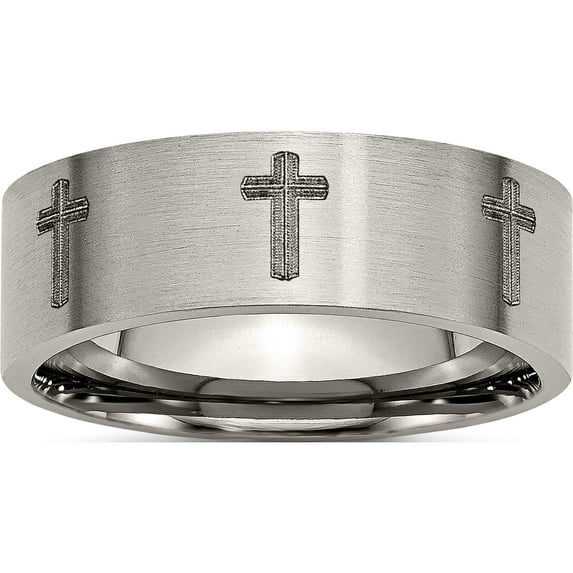 Titanium Brushed Cross Laser Design 8mm Flat Band (Size 11) Made In China tb33d-11