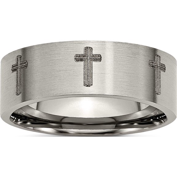 Titanium Brushed Cross Laser Design 8mm Flat Band (Size 7.5) Made In China tb33d-7.5