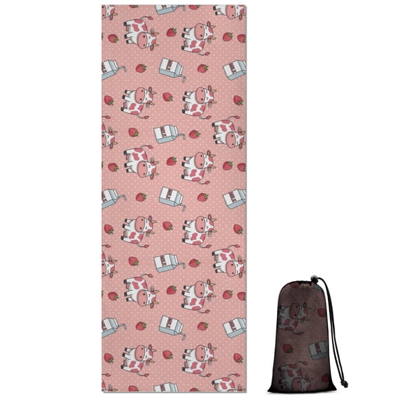 Pink Cow Milk Strawberry Pattern Hot Yoga Mat Towel Non Slip for Hot Yoga - Quick-Drying Yoga Mat Cover with 4 Corner Pockets with Travel Bag - Hot Yoga Towel Non Slip 70"x26"