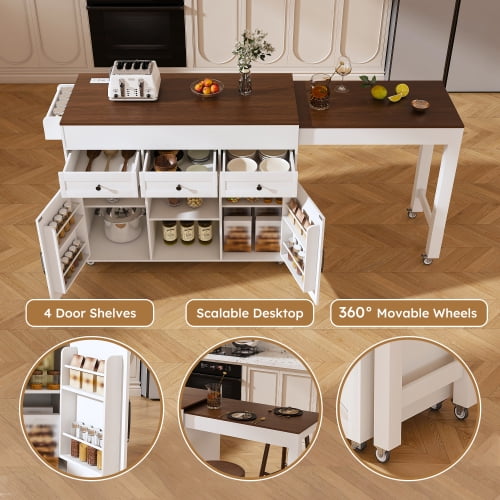 Kitchen Island with Extendable Table, Rolling Kitchen Cart with Storage, Mobile Prep Station with Power Outlet and Wheels, White
