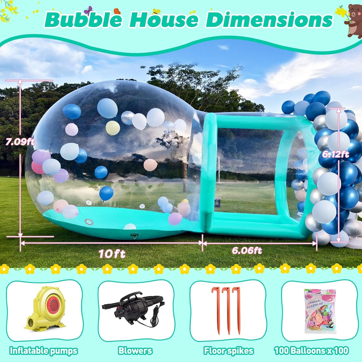 Vakiorn Cyan Inflatable Bubble House 10 ft Clear PVC Dome with Tunnel and Air Pump Kids Playhouse for Yard Party Decoration