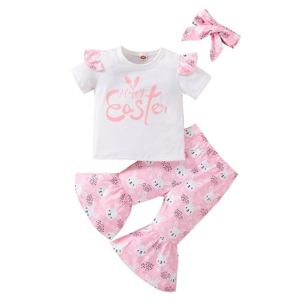 

xkwyshop Toddler Baby Girls Easter Short Sleeve Rabbit T-Shirt Bell Bottoms Flare Pants Bunny Clothes Set Pink1-2 Years
