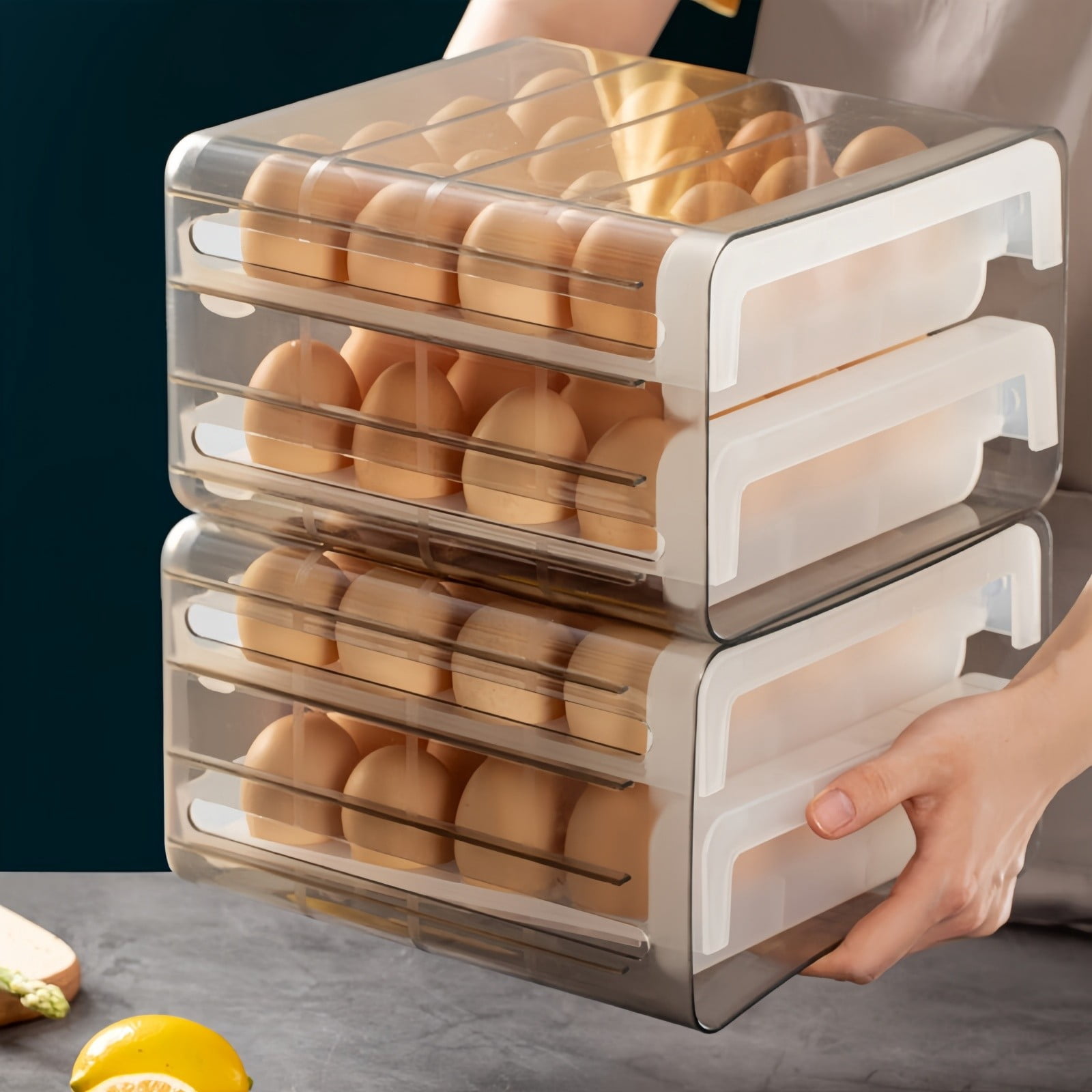 Large Capacity Egg Storage Solution for Refrigerator | Double Layer Egg with Lid and Seal | ABS Drawer-Style Fresh Keeping for Kitchen Organization