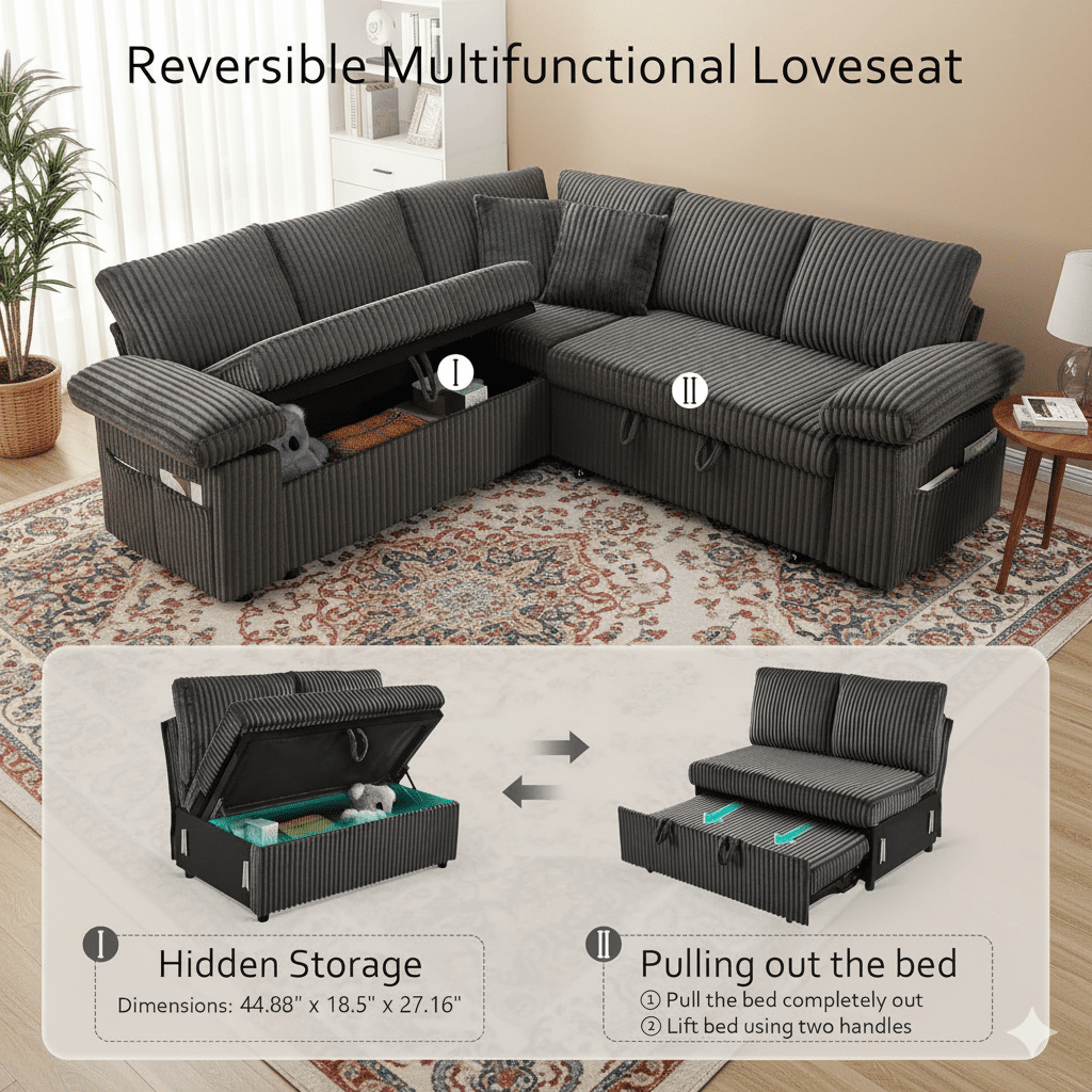 TiramisuBest 81'' Modular Sectional Sofa, Convertible Sleeper Sofa Bed with Pull Out Couch, Corduroy V Shaped Sectional Couches with Storage Seat for Living Room Bedroom (Dark Grey)