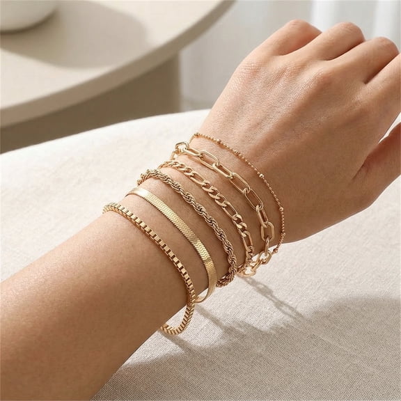 Gold Bracelets for Women, 6 Piece 14K Gold Plated Stackable Bracelet Set, Adjustable Layered Chain Jewelry for Everyday Wear and Gifts