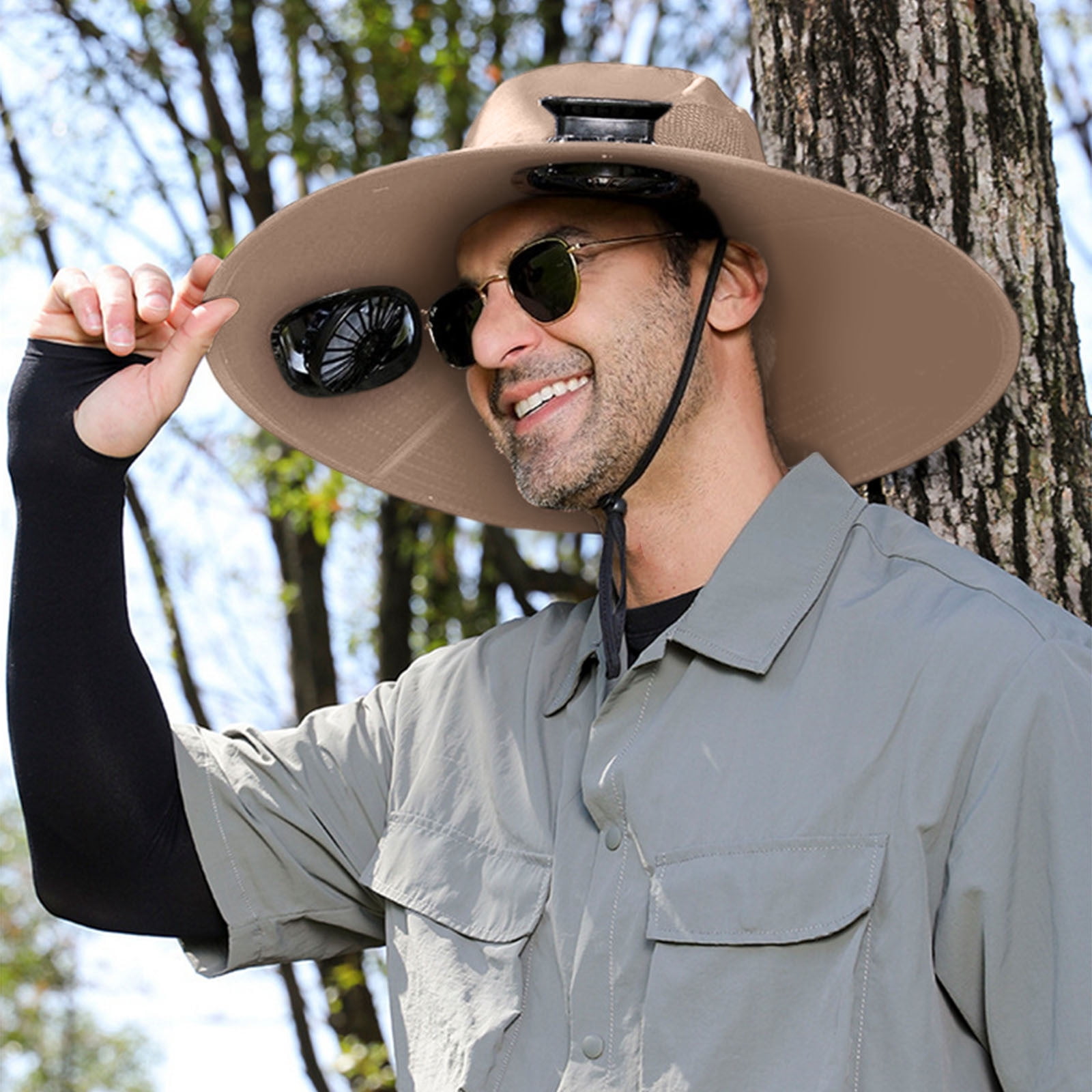 Hat With Fans Solar Power,Wide Brim Solar Fan Hat,Fishing Hat with Solar Fan,Solar Fan Hat Upf51+,Fan Hat with Fan Built in,USB Rechargeable(Khaki Gift:White Ice Sleeve 20in)from ANMUYUM