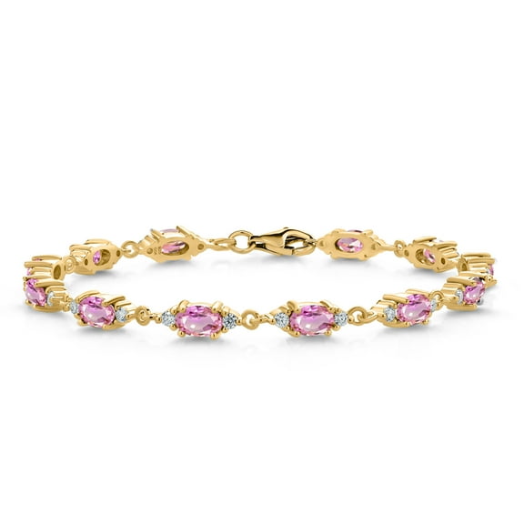 Gem Stone King 18K Yellow Gold Plated Silver Pink Sapphire and White Moissanite Tennis Bracelet for Women (8.11 Cttw, Gemstone Birthstone, Oval 6X4MM, 7 inch)