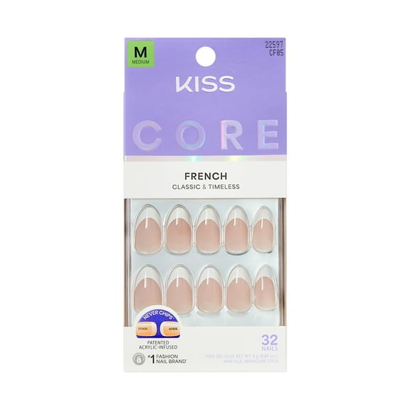 KISS CORE French Tip Press On Nails Almond, ‘Curiosity’, White, Medium Length, 32 Count