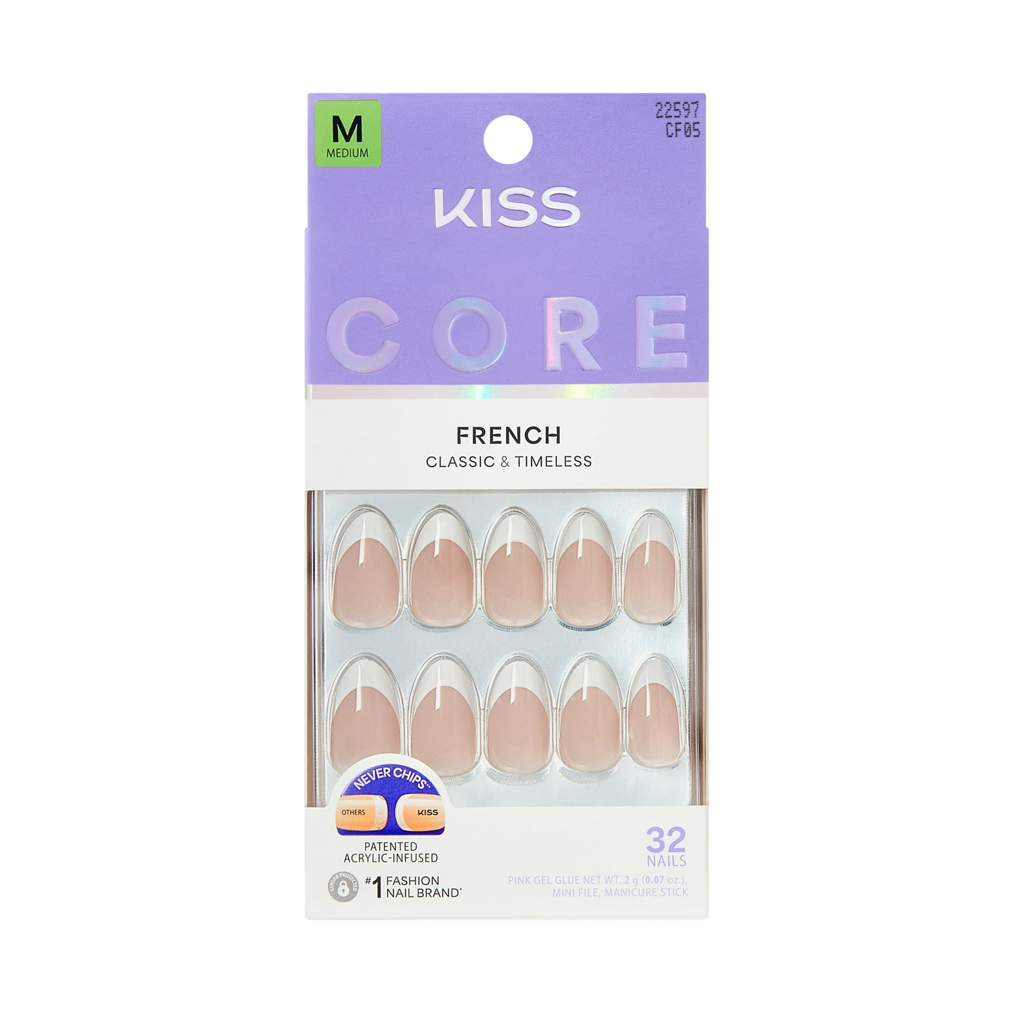 Kiss Core French Medium Almond Press-On Nails, White, 32 Pieces