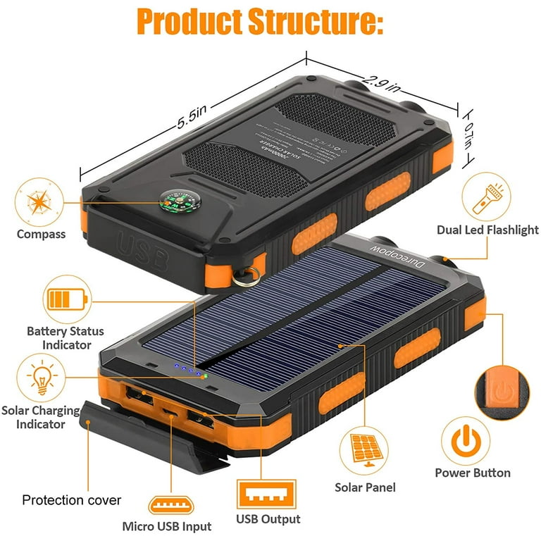 Solar Charger 20000mAh Portable Outdoor Waterproof Solar Power Bank Camping External Backup Battery Pack Dual 5V USB Ports Output 2 Led Light