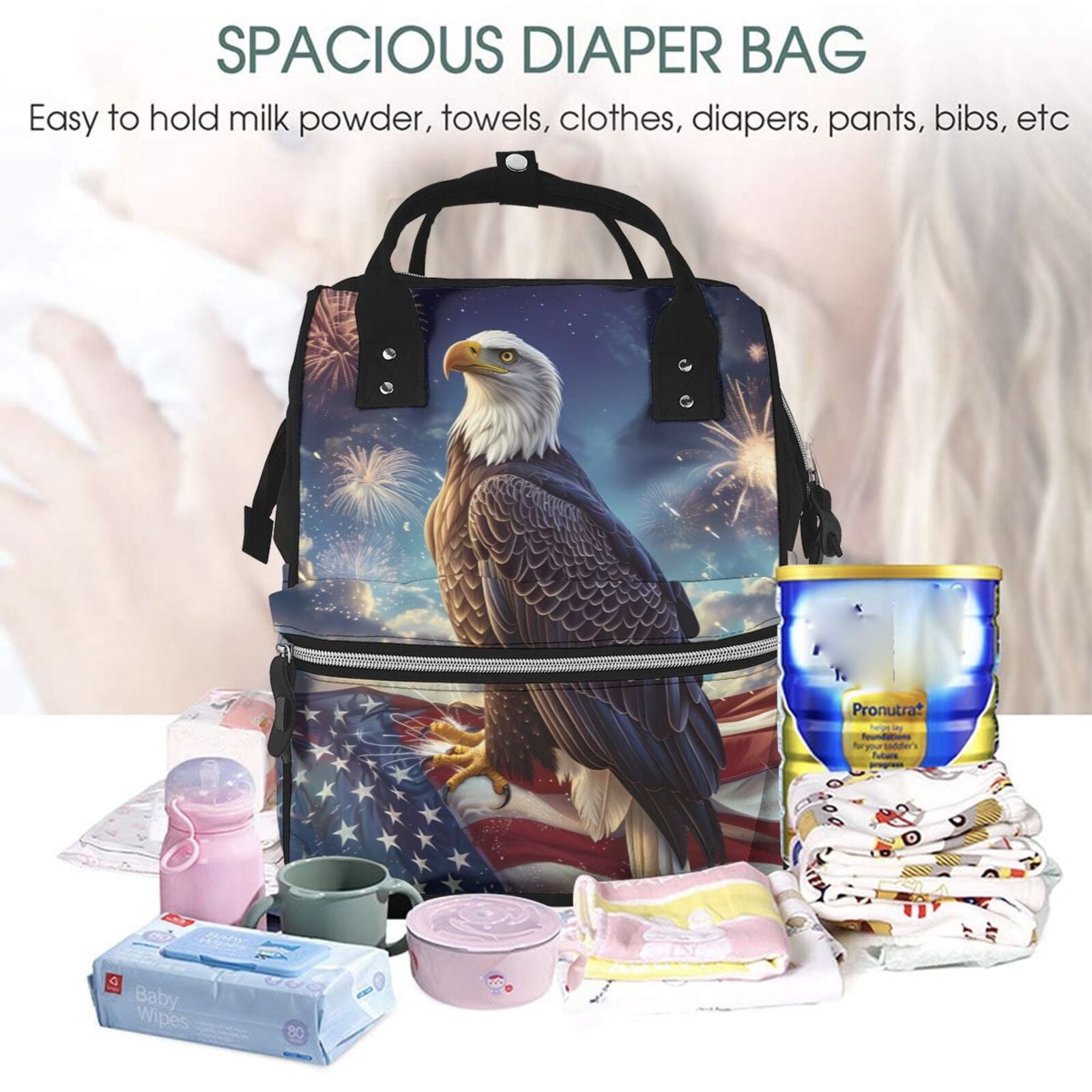 Fuzoiu Night Sky Bald Eagle Print Diaper Bag Backpack,Baby Essentials Travel Tote,Multi function Waterproof Diaper Bag, Travel Essentials Baby Bag - Unisex