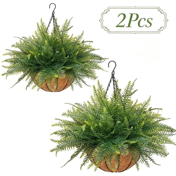 2Pcs Artificial Outdoor Hanging Plants with 24 Simulated Persian Fern Branches, Suitable for Hanging Decoration In front Corridors, Gardens, Balconies, Terraces, and Home Decor