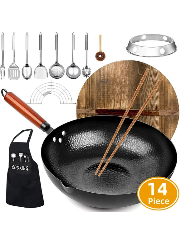 AOKIWO Carbon Steel Wok Pan, 14 Piece Woks & Stir-Fry Pans Set with Wooden Lid & Cookwares, Non-Stick Flat Bottom Chinese Woks Pan for Induction, 12.6''