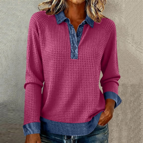 ICHUANYI Shirts for Women Long Sleeve Denim Patchwork Tops Loose Fit Color Block Pullover Sweatshirt Retro Streetwear