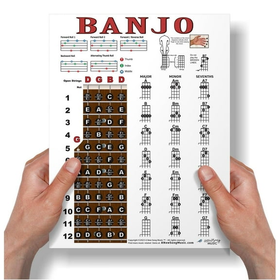 Laminated Banjo Chords Rolls and Fretboard Notes Poster - 8.5x11