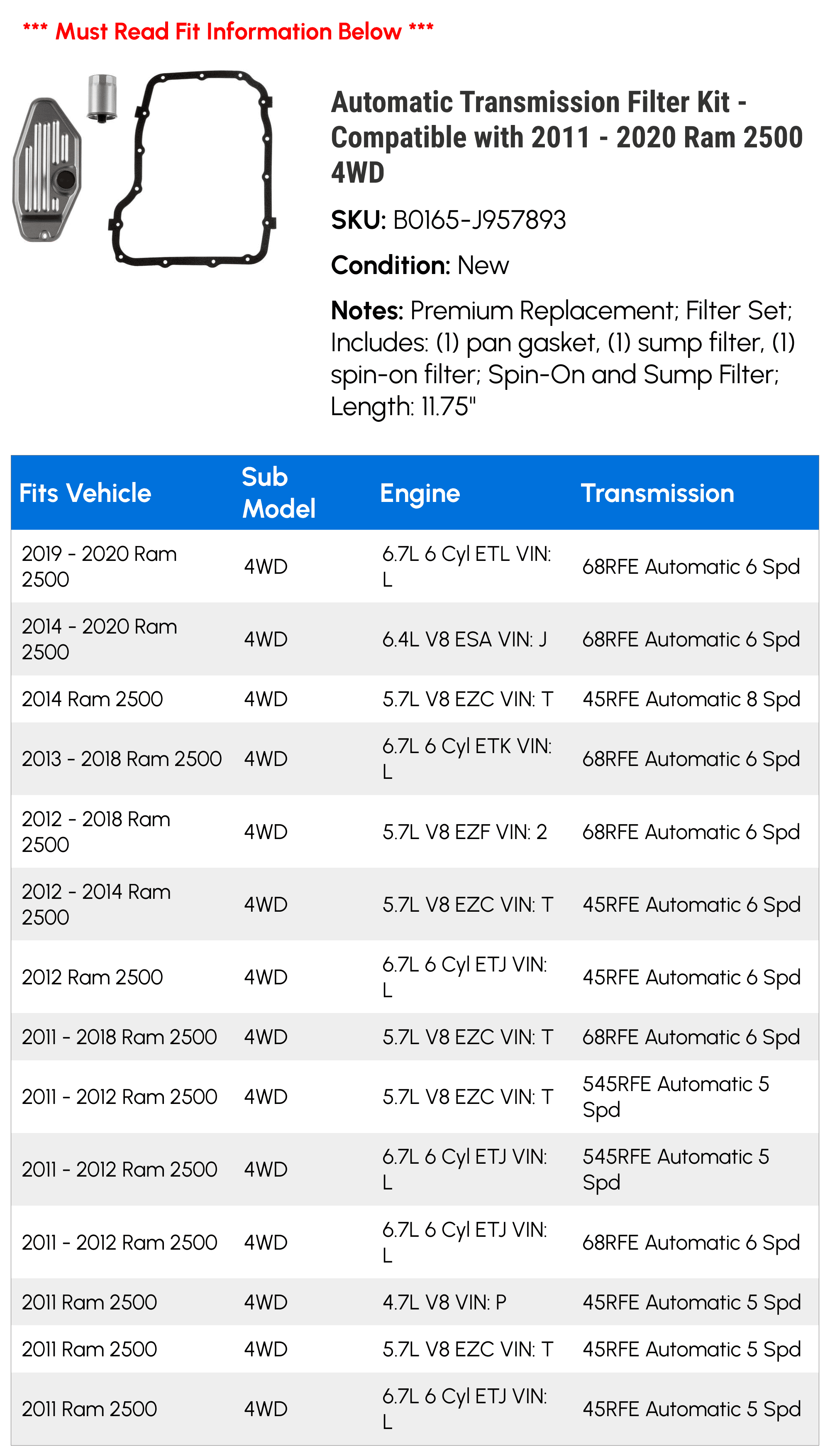 Automatic Transmission Filter Kit - Compatible with 2011 - 2020 Ram 2500 4WD 2012 2013 2014 2015 2016 2017 2018 2019