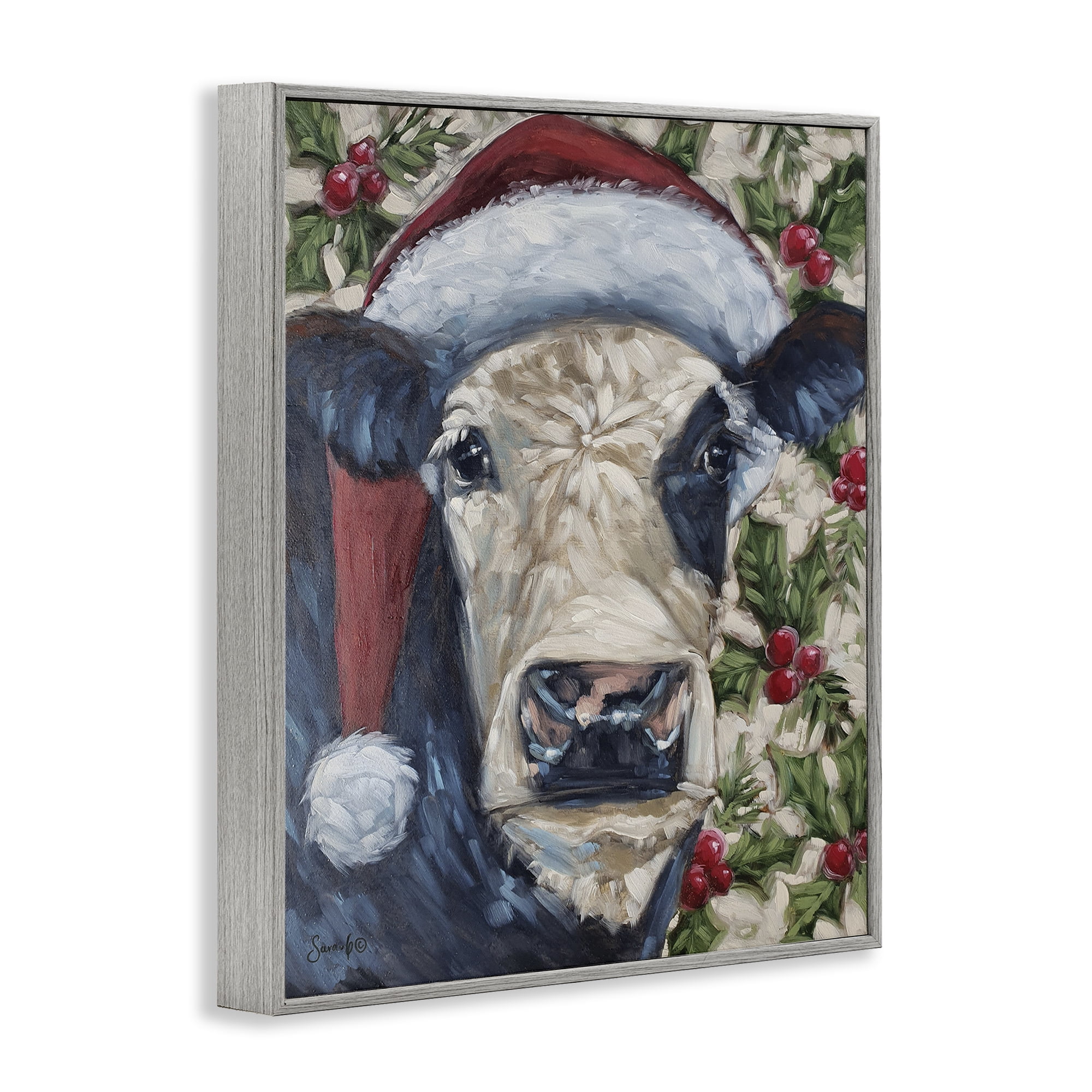 Stupell Industries Cow with Festive Holly Holiday Painting Gray Framed Art Print Wall Art, 24 x 30