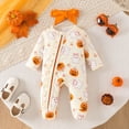 thumbnail image 5 of KPOPLK Baby Girl Halloween Footed Romper 3 6 9 12 18 Months Ghost Pumpkin Print Zipper Jumpsuit with Bow Headband, Infant Fall Sleeper Beige,Size 3M, 5 of 9