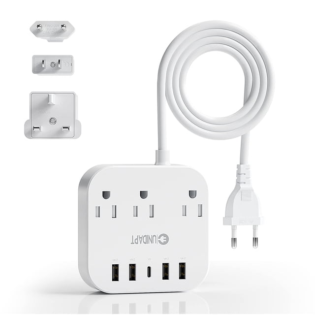 Adaptador de Enchufe Europeo, Regleta Unidapt de EE. UU. a Reino Unido Europa para UE/Reino Unido/EE. UU. con USB C y 4 Puertos USB, 3 Tomacorrientes de CA, Montaje en Pared, Cable de extensión de 5 p