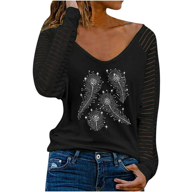 Camiseta de manga larga con cuello en V para mujer a la moda, blusa suelta con estampado de otoño Fridja bvmnju4574