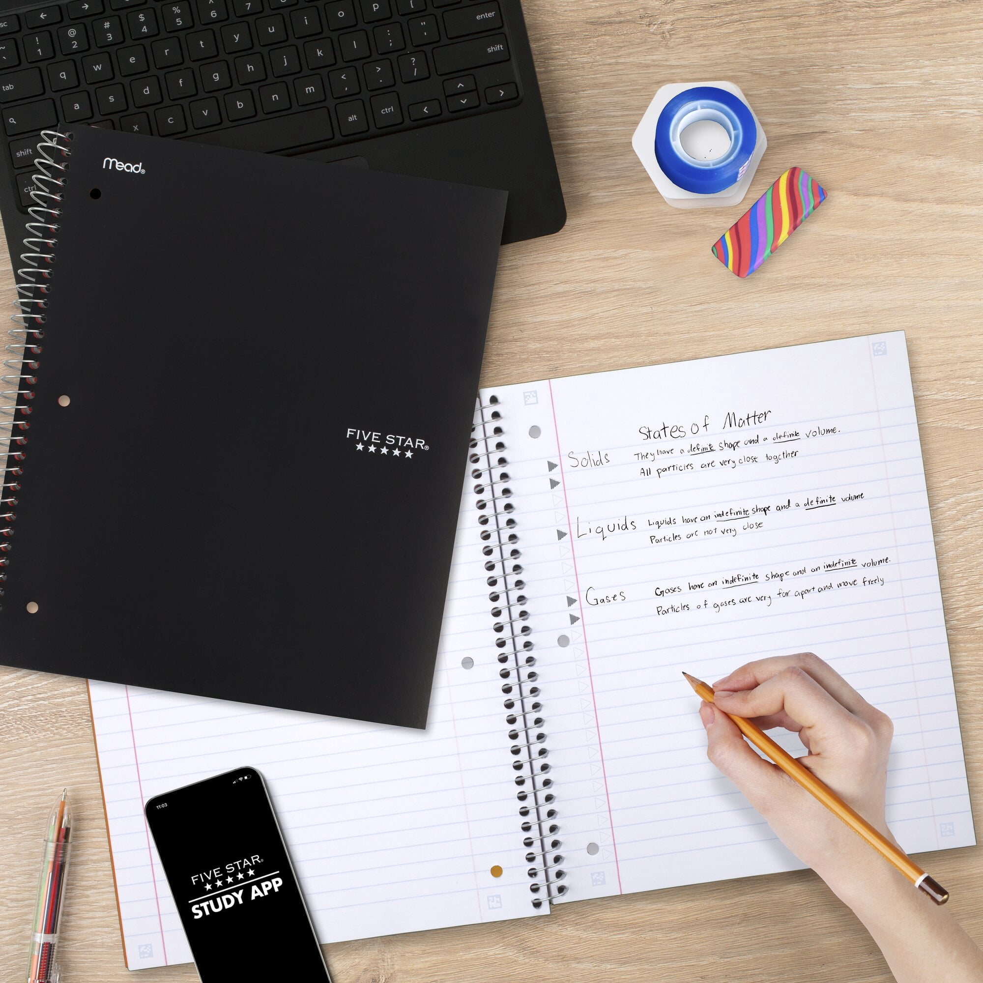 Five Star Spiral Notebook + Study App, 3 Subject, Wide Ruled