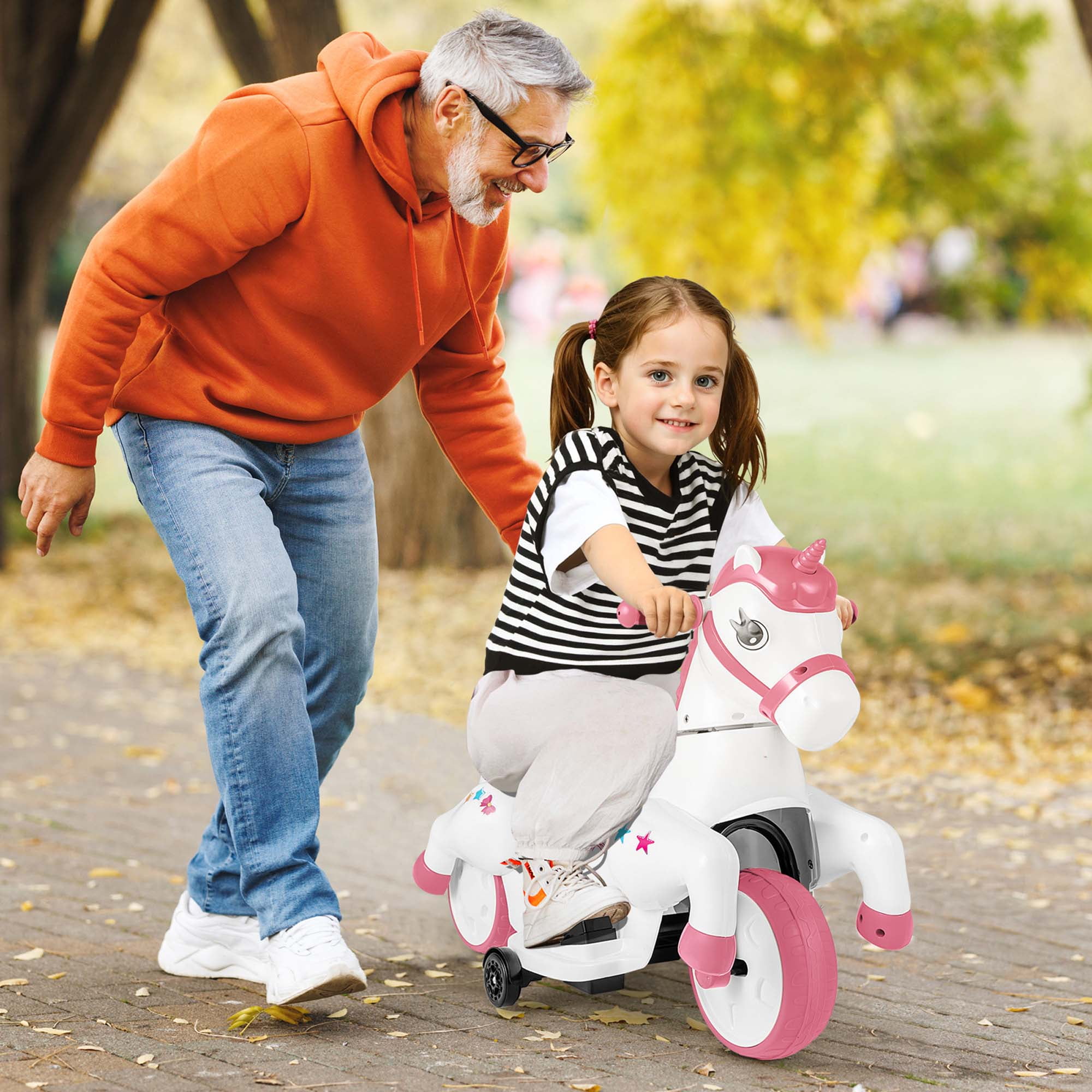 Costway 12V Kids Ride on Unicorn Toy with Training Wheels Music One-button Start Horse Toy Pink