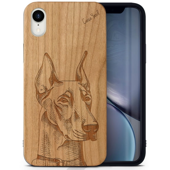 Case Yard Wooden Case Outside Soft TPU Silicone, Slim Fit Shockproof Wood Protective Phone Cover for Girls Boys Men and Women, Supports Wireless Charging Doberman Design case for iPhone-XR