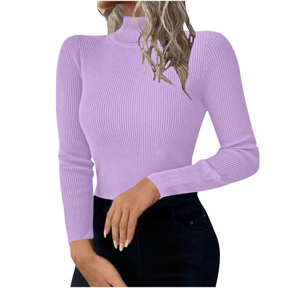 Womens Knitted Ribbed Fall Clothes, Mock Neck Sweaters for Women Fashion Slimming Fit Solid Color Long Sleeve Pullover Basic Tops