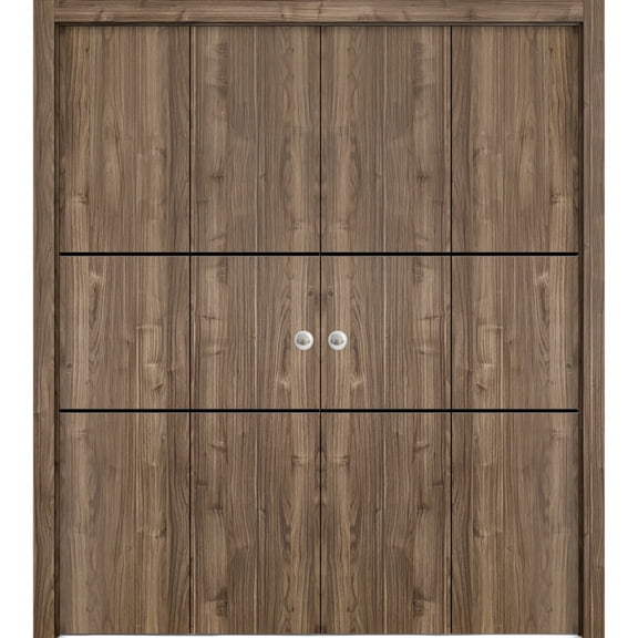 Sliding Closet Double Bi-fold Doors | Planum 0014 Walnut with Frosted Glass | Sturdy Tracks Moldings Trims Hardware Set | Wood Solid Bedroom Wardrobe Doors