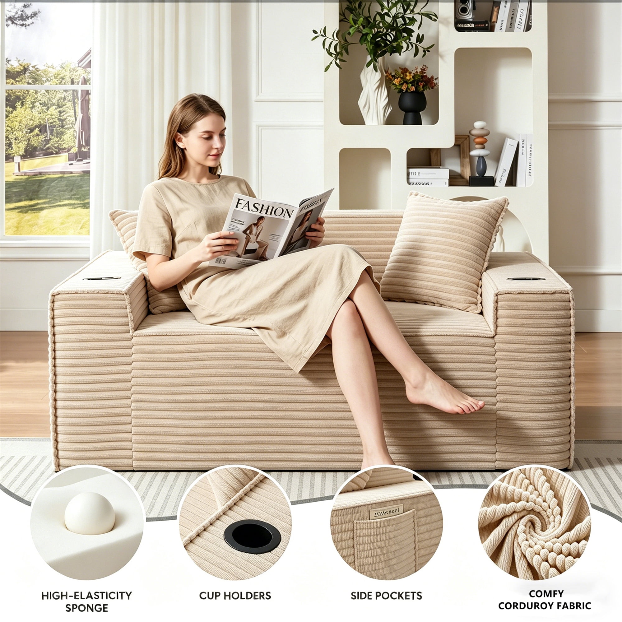 Aukfa 3 Piece Boneless Couch Set, Small Loveseat Cloud Sofa for Living Room, 2 Cup Holders&Storage Pockets, Corduroy, Camel