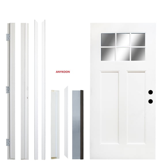 Anykoon 36'' x 80'' Fiberglass Front Entry Door, White Primed, Left Hand Inswing, 2-Panel Craftsman, 6-Lite Low-E Glass with 4-9/16 Vinyl Frame & Brickmould