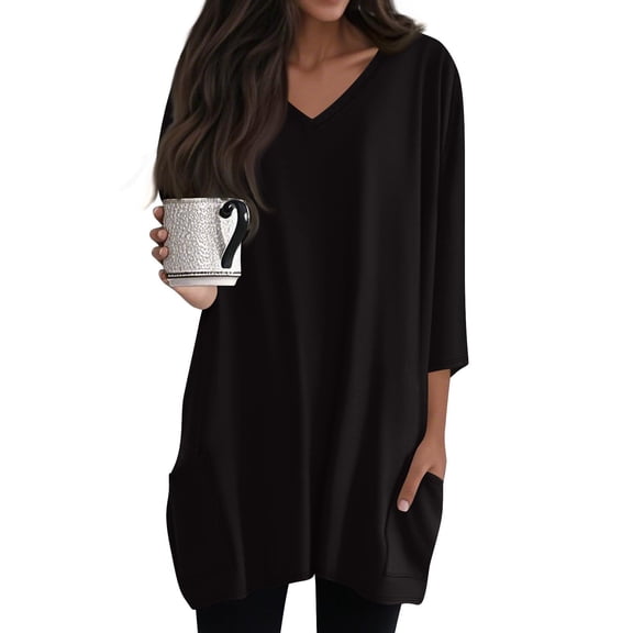TODOZO 3/4 Sleeve T Shirts for Women Tunic Tops Loose Fit Shirts Solid Basic Tops Womens Tunics To Wear with Leggings Summer 3/4 Length Sleeve V Neck Tshirts with Pockets Long Blouses Casual