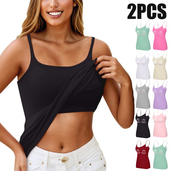 2 Piece Built In Bra Tank Tops for Women Shelf Bra Camisoles Adjustable Spaghetti Strap Shelf Bras Workout Basic Padded Undershirts