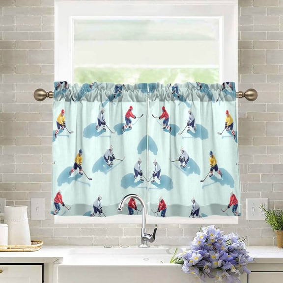 Yayeee Kitchen Curtains Tier Pair Light Filtering 27"x24" Rod Pocket Short Cafe Window Panel, Ice Hockey