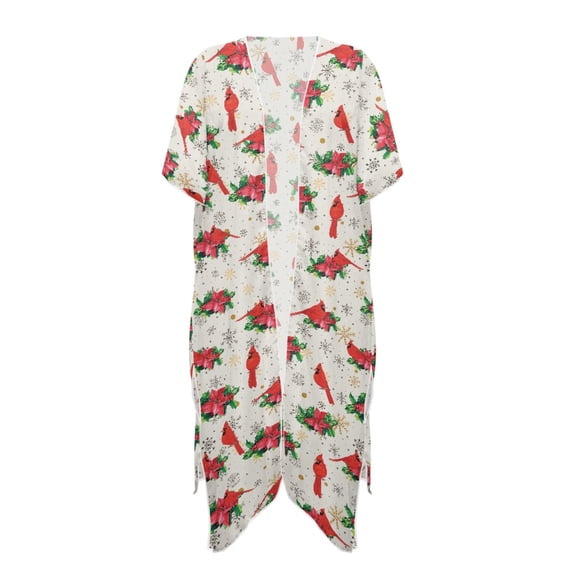 HELLHERO Polyester Long Kimono Swimsuit Cover Up for Beach Comfort Breathable Poinsettia Pattern