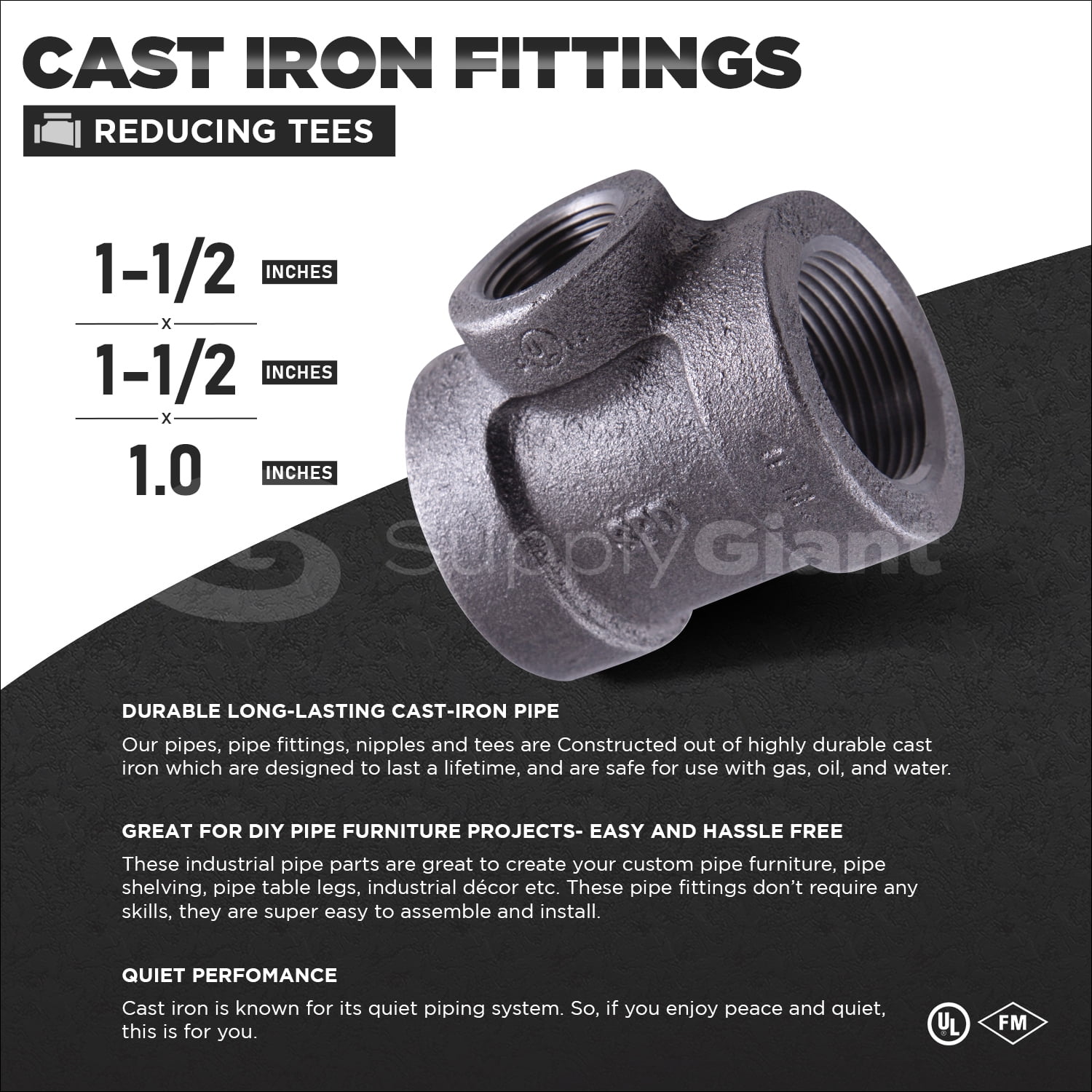 Supply Giant 1-1/2" x 1-1/2" x 1" BLack Pipe Fitting Reducing Tee Cast Iron