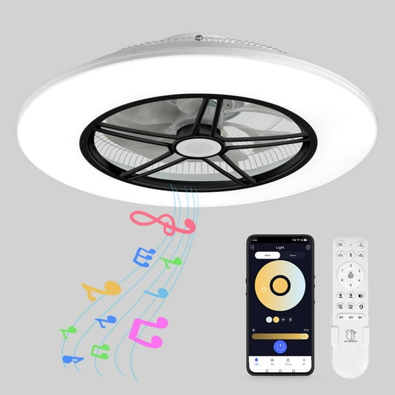 Low Profile Ceiling Fan with Light, Enclosed Bladeless Ceiling Light, Bluetooth Speaker, 6 Speeds Reversible, Stepless Dimming, Smart Flush Mount Ceiling Fan for Bedroom, Kids Room and Living Room 22