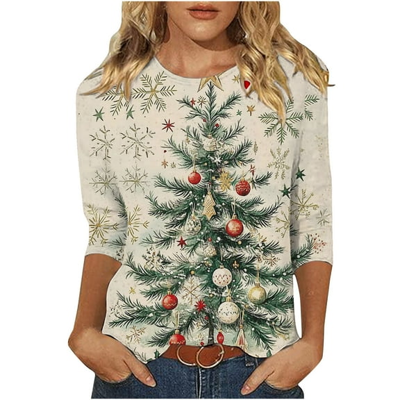 JSheng Christmas 3/4 Sleeve Tops for Women Women's Loose Fashionable Christmas Printed Round Neck Pullover T-shirt Top Green L